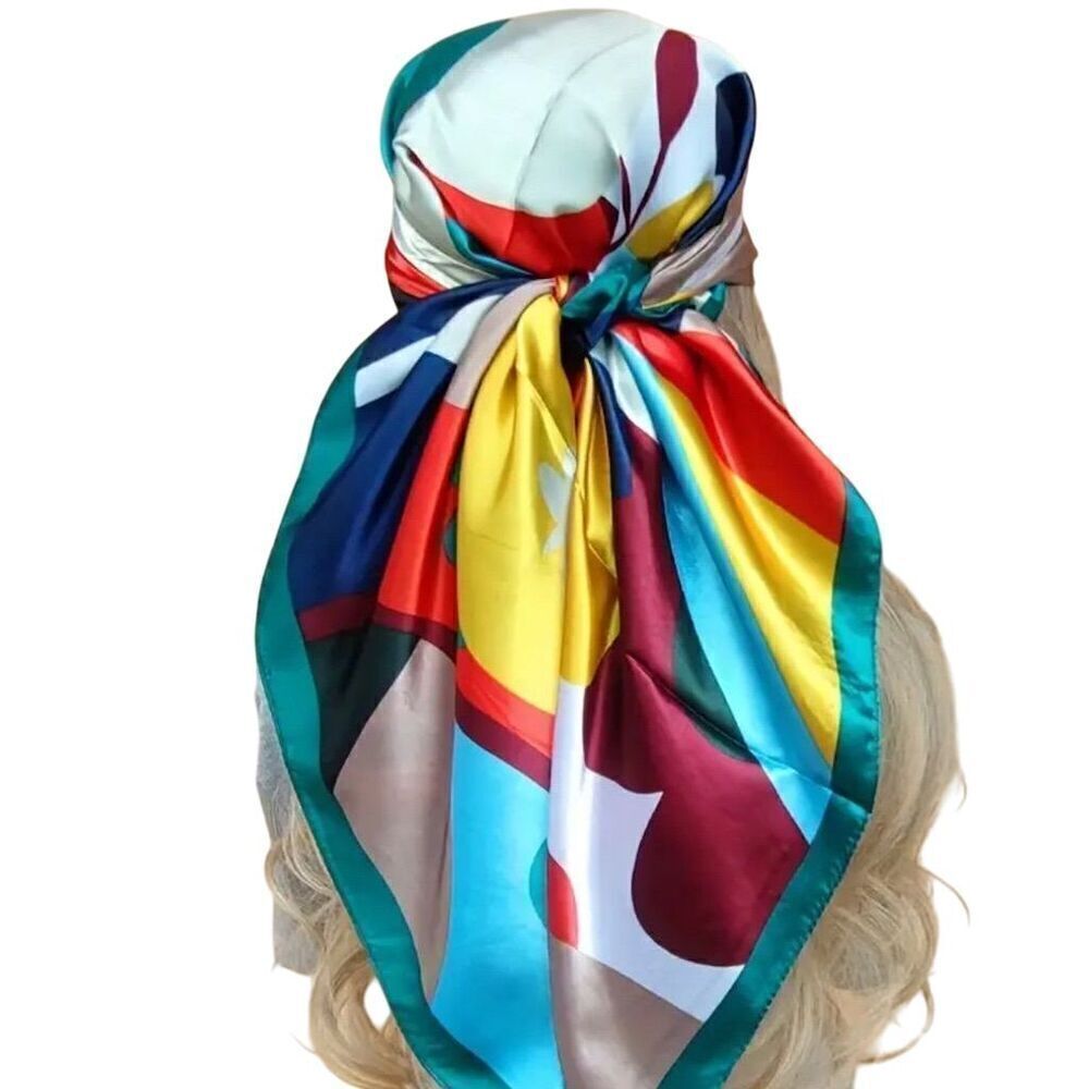 Y2k Boho Chic Trendy Multicolor Geometric Satin Headscarf Festival Hippie